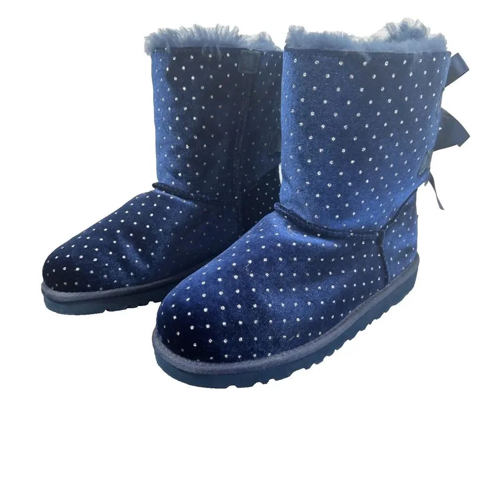 UGG Bailey Bow Starlight Navy Blue Velveet Glitter Boots 1014496Y Youth 5/Wmn 7